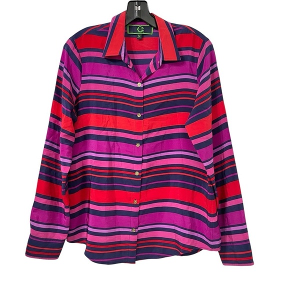 C Wonder stripped silk button down dress top size M, Red, Purple, Blue, Pink. - Picture 2 of 16